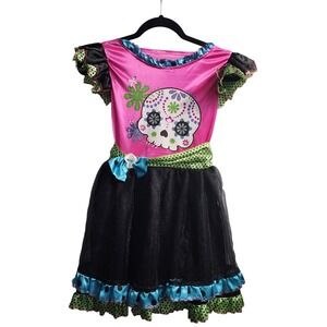 Kids Day of‎ the Dead Sugar Skull Dress Tutu Costume Pink Black